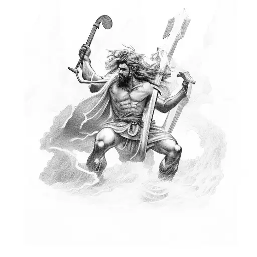 Noah on his arc fighting a huge storm depicted as a Greek god tattoo design idea