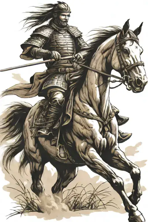 samurai warrior riding horse galloping through a field tattoo design idea