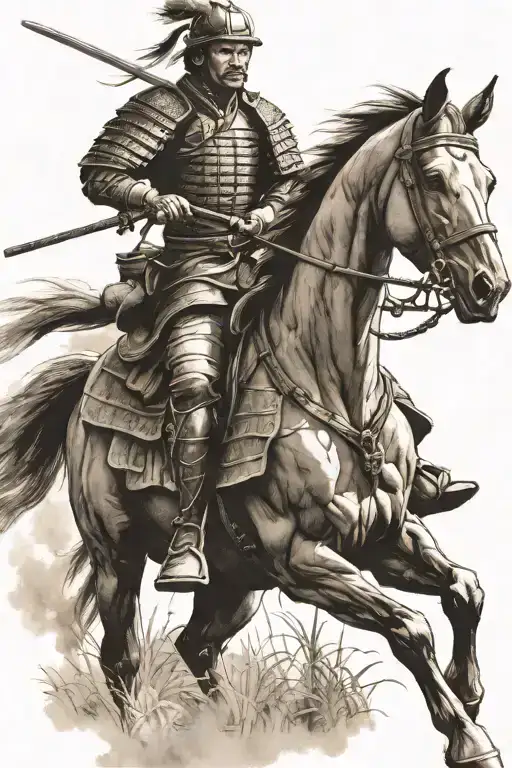samurai warrior riding horse galloping through a field tattoo design idea