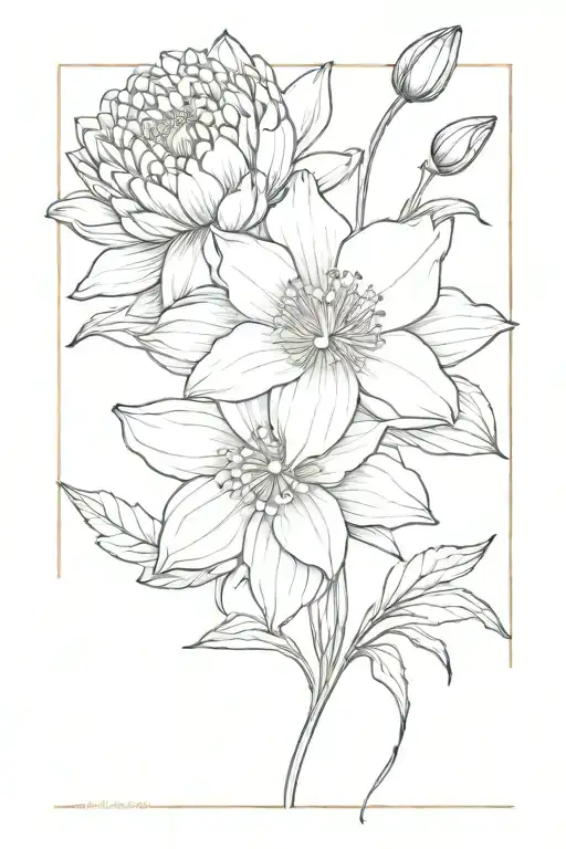 flower bouqet of daffodil, water lily, marigold, and chrysanthemum tattoo design idea