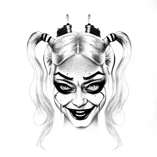 black and white crazy laughing Harley quinn  tattoo design idea