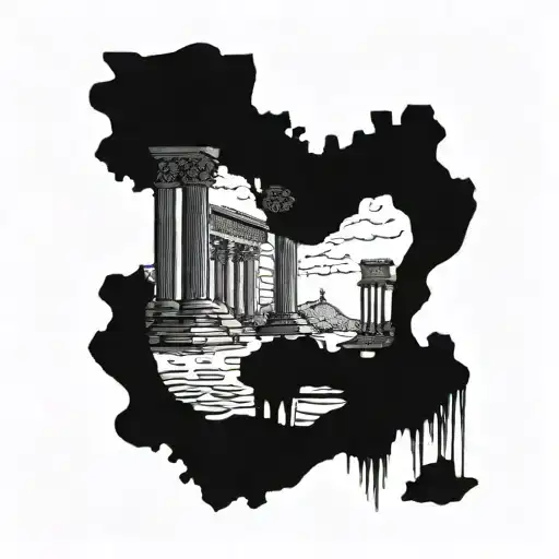 A majestic underwater scene with intricate details of sea creatures swimming around the ruins of Persepolis in Iran tattoo design idea
