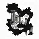 A majestic underwater scene with intricate details of sea creatures swimming around the ruins of Persepolis in Iran tattoo design idea