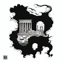 A majestic underwater scene with intricate details of sea creatures swimming around the ruins of Persepolis in Iran tattoo design idea