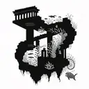 A majestic underwater scene with intricate details of sea creatures swimming around the ruins of Persepolis in Iran tattoo design idea
