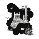 A majestic underwater scene with intricate details of sea creatures swimming around the ruins of Persepolis in Iran tattoo design idea