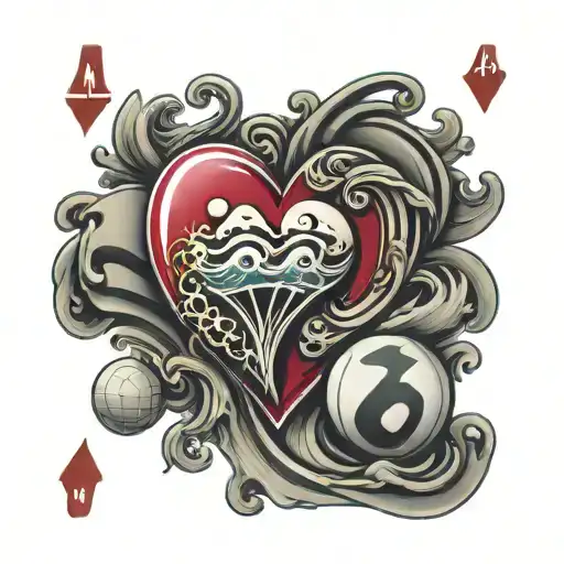 volleyball with Ace of hearts playing card and a wave crashing  tattoo design idea