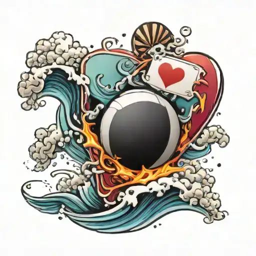 volleyball with Ace of hearts and a wave crashing  tattoo design idea