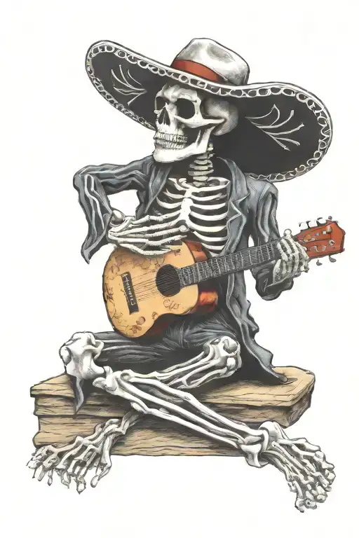 REALISTIC SKELETON PLAYING THE GUITAR IN PROFILE POSITION. mexico and outlaw day of the dead attire tattoo design idea