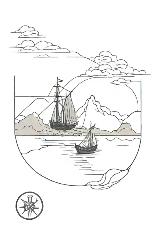 "A coastal scene with a Viking ship docked on a roc tattoo design idea