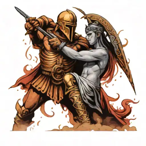 An ancient Greek soldier coming up from the ashes protecting his daughter stabbing a star sign ares  tattoo design idea