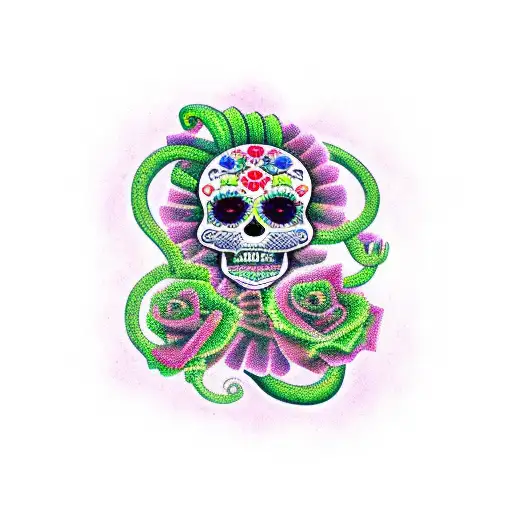Dia de los Muertos, roses, guns, snakes tattoo design idea