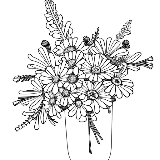 a larkspur, a daisy, a carnation, and a honeysuckle together in a bouquet tattoo design idea