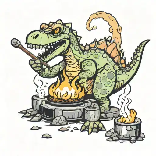 chubby dinosaur roasts marshmallows on the fire tattoo design idea