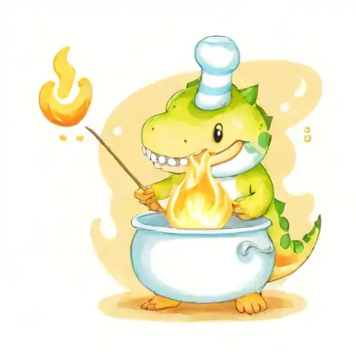 chubby dinosaur roasts marshmallows on the fire tattoo design idea