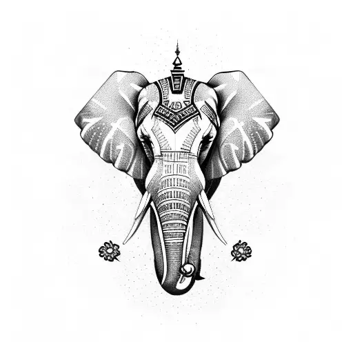 An elegant Egyptian elephant adorned with flowers and stars tattoo design idea