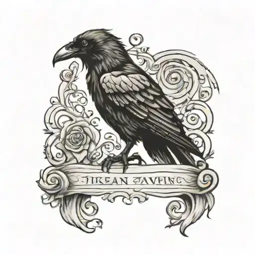 the raven poem on a scroll with a raven perched tattoo design idea