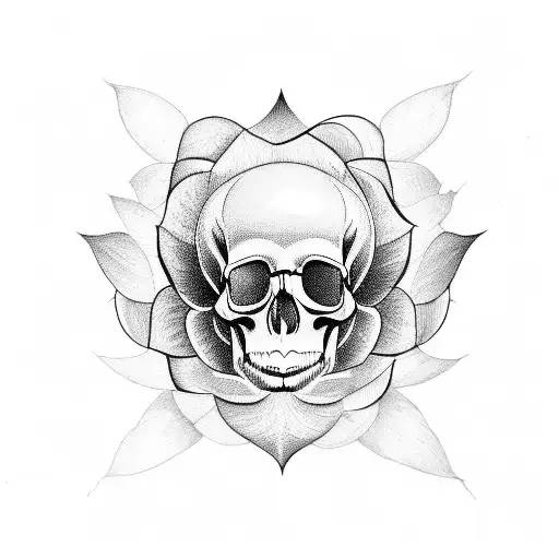 Create a minimalist, monochrome tattoo design that combines a geometric representation of a skull and a flower. tattoo design idea