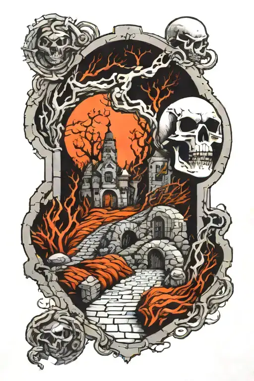 brick road to gates of hell tattoo design idea