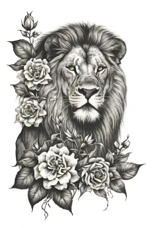 lion and flowers tattoo design idea