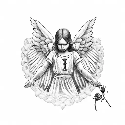 angel with rose and doves and clock  tattoo design idea