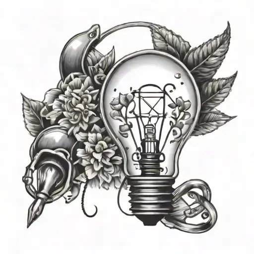 A black-grey tattoo of a lightbulb surrounded by various fishing hooks and gardening tools tattoo design idea