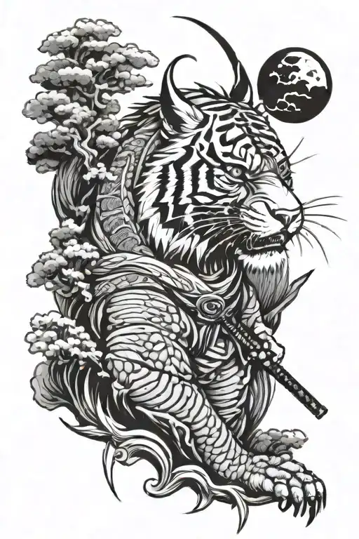 A modern interpretation of a samurai warrior facing a fierce tiger in a traditional Japanese landscape tattoo design idea