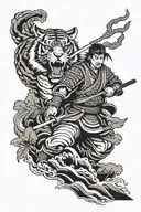 A modern interpretation of a samurai warrior facing a fierce tiger in a traditional Japanese landscape tattoo design idea