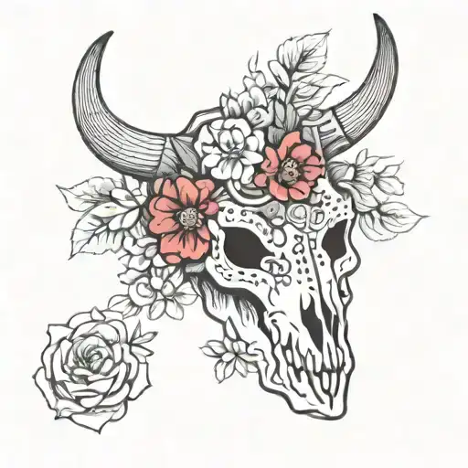 Aztec bull skull with February birth flowers tattoo design idea