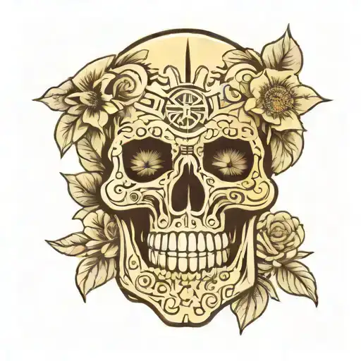 Aztec skull with February birth flowers tattoo design idea
