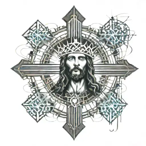 jesus on a cross with a thorn crown tattoo design idea