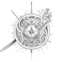 sword of anxiety cut through a serotonin molecule on a scale in a hourglass tattoo design idea