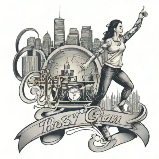 A sport-themed tattoo incorporating elements of dancing and music, with a Boston skyline in the background tattoo design idea