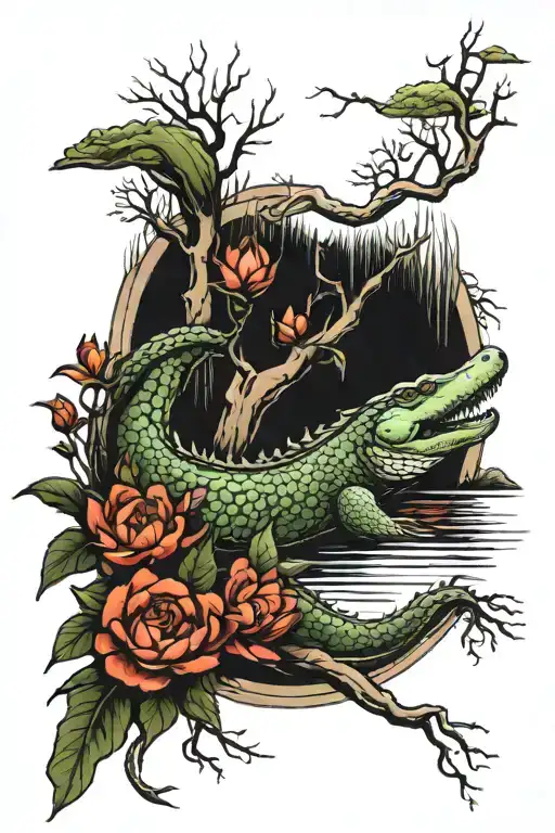 willow tree with crocodile swimming tattoo design idea