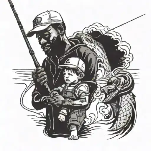 Black father with cap and his son fishing tattoo design idea