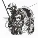 Black father with cap and his son fishing tattoo design idea