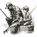 Black father with cap and his son fishing tattoo design idea