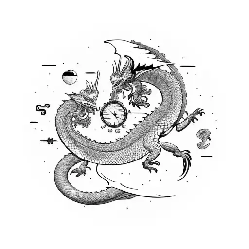 A dragon and eagle intertwined in a futuristic tech design with small astronomer and python snake and a small watch in t tattoo design idea