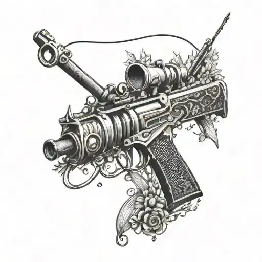 An intricate design featuring a rifle intertwined with fishing hooks and outdoor scenery tattoo design idea