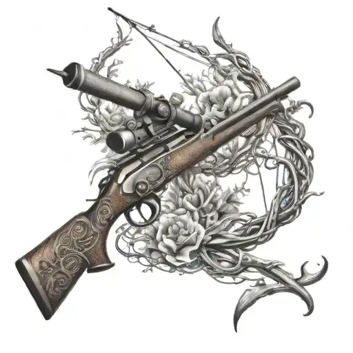 An intricate design featuring a rifle intertwined with fishing hooks and outdoor scenery tattoo design idea