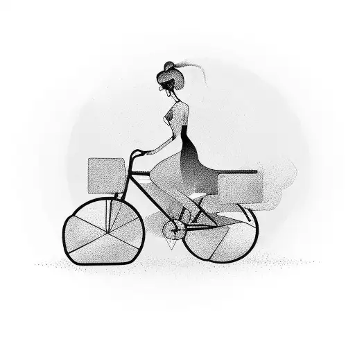 A silhouette of a woman riding a bike while reading a book, with old movie reels in the background tattoo design idea