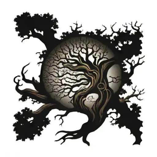 An intricate tree of destiny tattoo design. The tree has sprawling branches and roots, with each branch splitting into m tattoo design idea