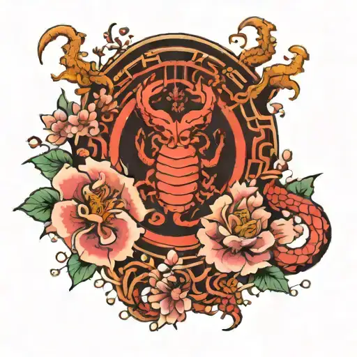 zodiac Scorpio and Japanese temple surrounded by blooming flowers tattoo design idea
