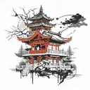 black and white Japanese temple architecture forming tattoo design idea