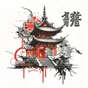 black and white Japanese temple architecture forming tattoo design idea