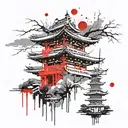 black and white Japanese temple architecture forming tattoo design idea