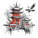 black and white Japanese temple architecture forming tattoo design idea