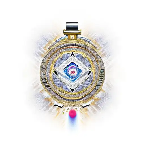 A gold medal with diamonds on top and the Amaz art word in the middle and imperial sign tattoo design idea