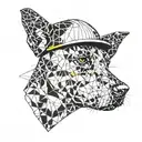 A geometric pattern incorporating the silhouette of a dog in a civil engineer's hardhat tattoo design idea