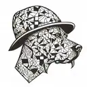 A geometric pattern incorporating the silhouette of a dog in a civil engineer's hardhat tattoo design idea